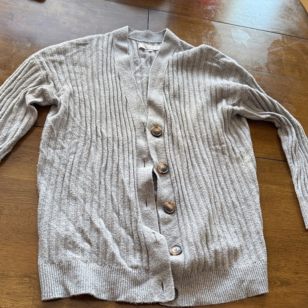 Gray Ribbed Button-Up Women's Sweater